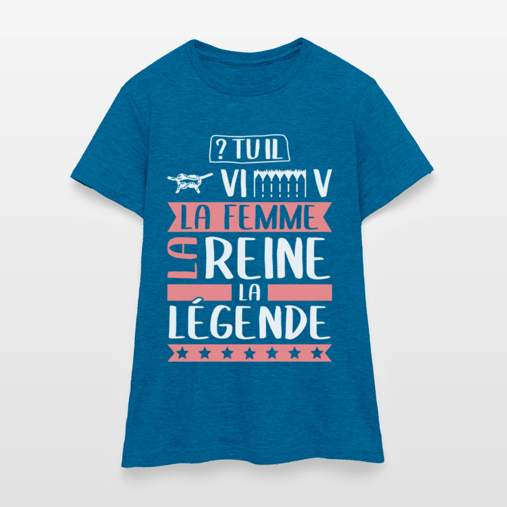 T-shirt femme Geneviève rébus – La femme, la reine, la légende - bleu saphir antique chiné