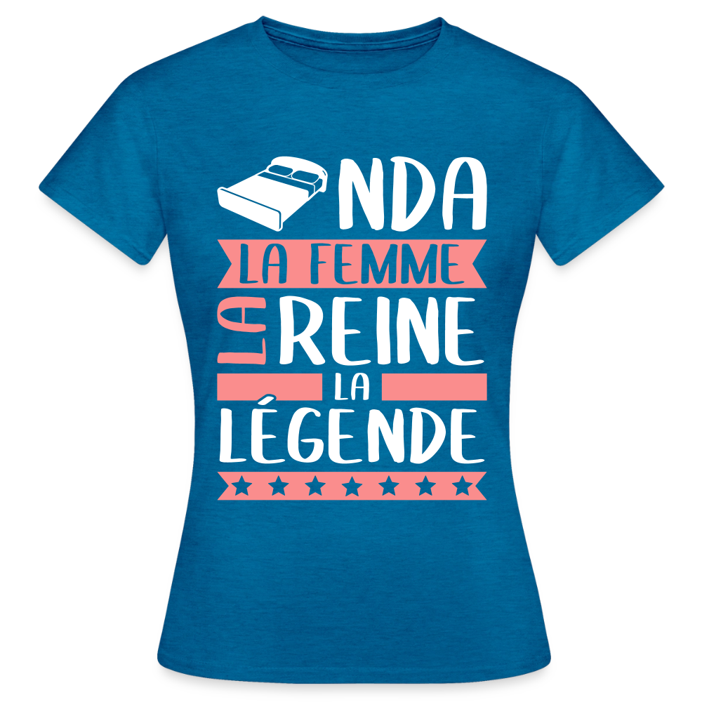 T-shirt femme Linda rébus – La femme, la reine, la légende - bleu saphir antique chiné