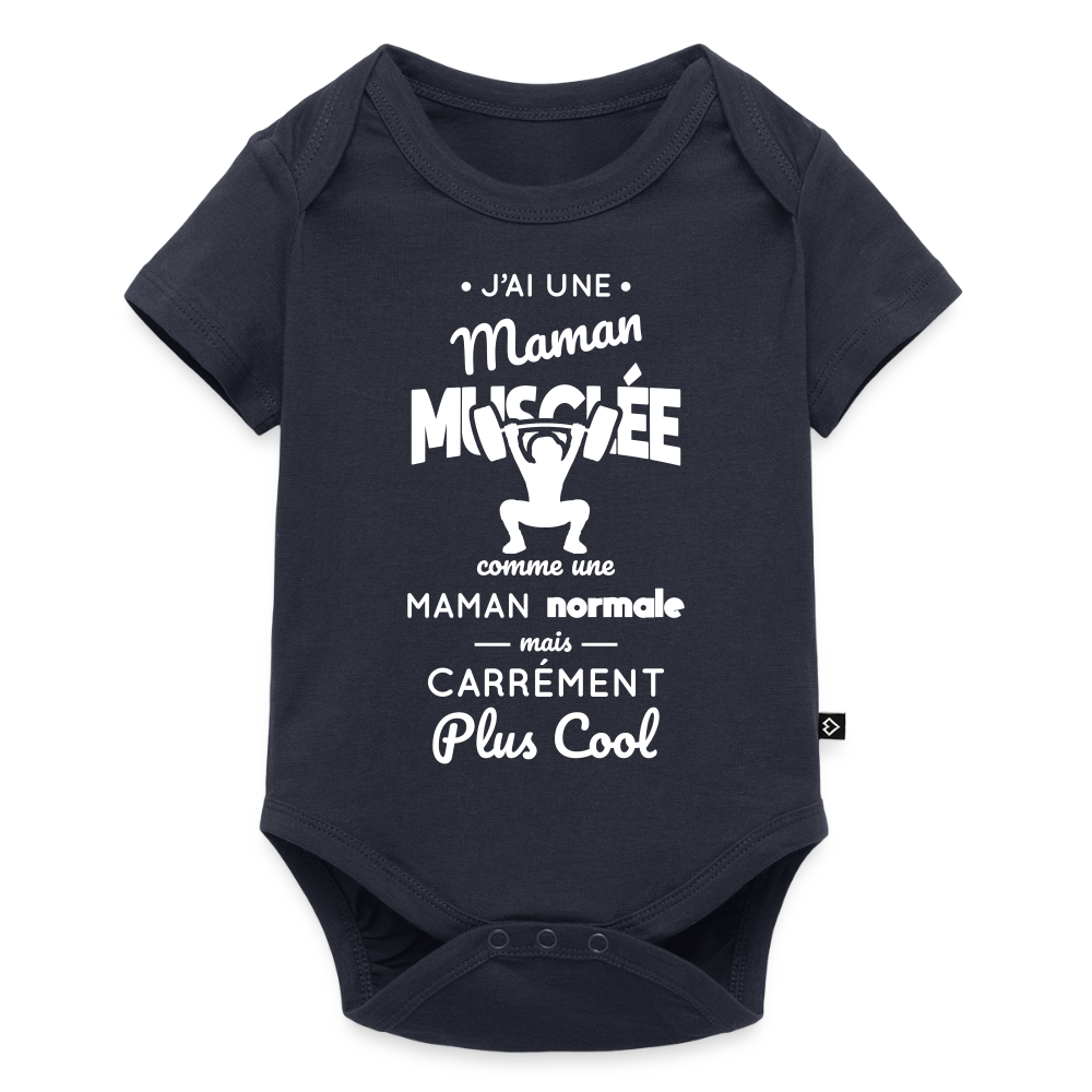 Body Bébé bio manches courtes - J'ai une maman musclée - bleu marine