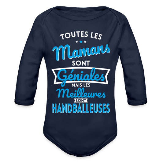 Body Bébé bio manches longues - Mamans  géniales - Les meilleures sont handballeuses - marine foncé