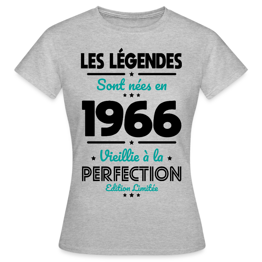 T-shirt anniversaire femme 60 ans couleur claire – Les légendes sont nées en 1966 - gris chiné