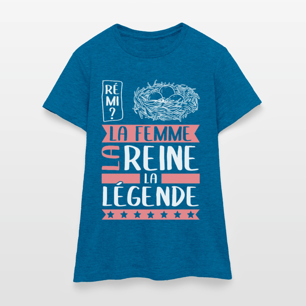T-shirt femme Fanny rébus – La femme, la reine, la légende - bleu saphir antique chiné