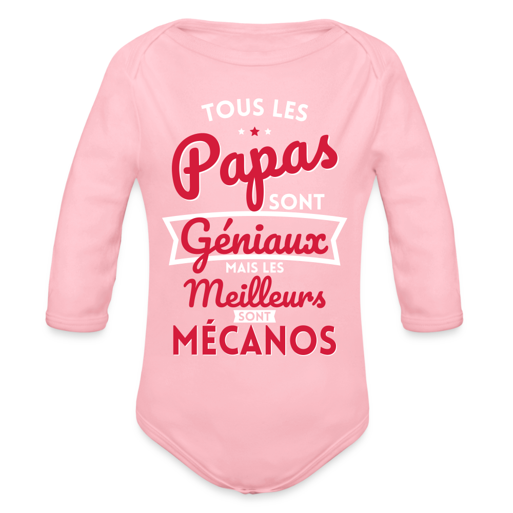 Body Bébé bio manches longues - Papas géniaux - Les meilleurs sont mécanos - rose clair