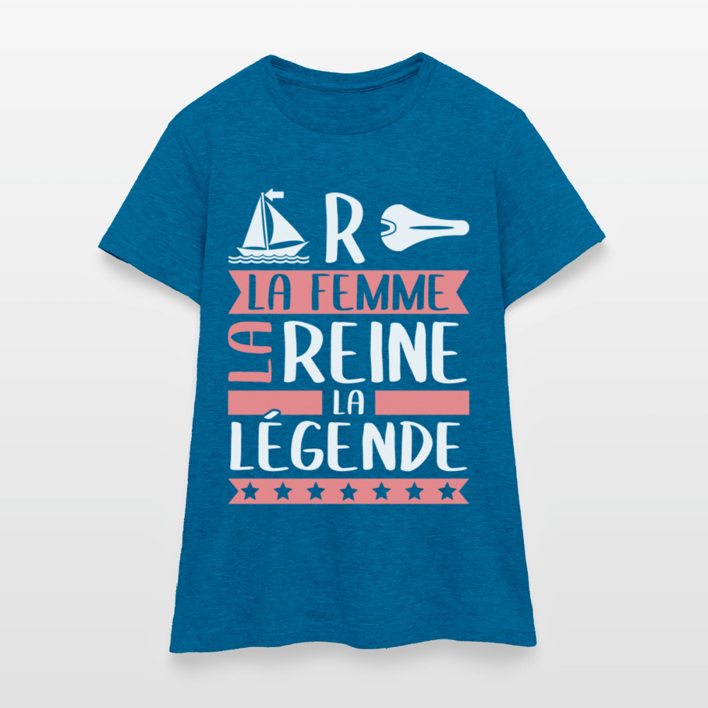 T-shirt femme Marcelle rébus – La femme, la reine, la légende - bleu saphir antique chiné