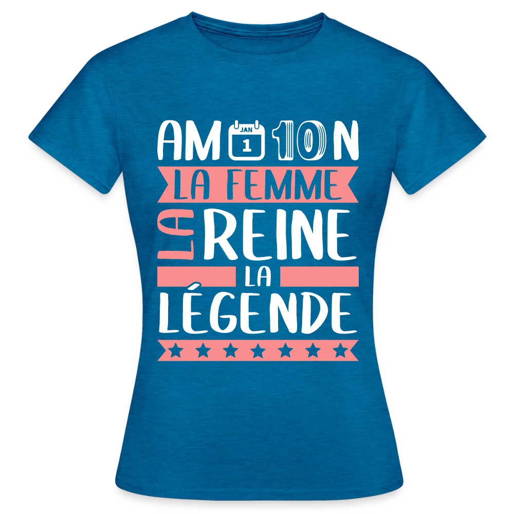 T-shirt femme Amandine rébus – La femme, la reine, la légende - bleu saphir antique chiné