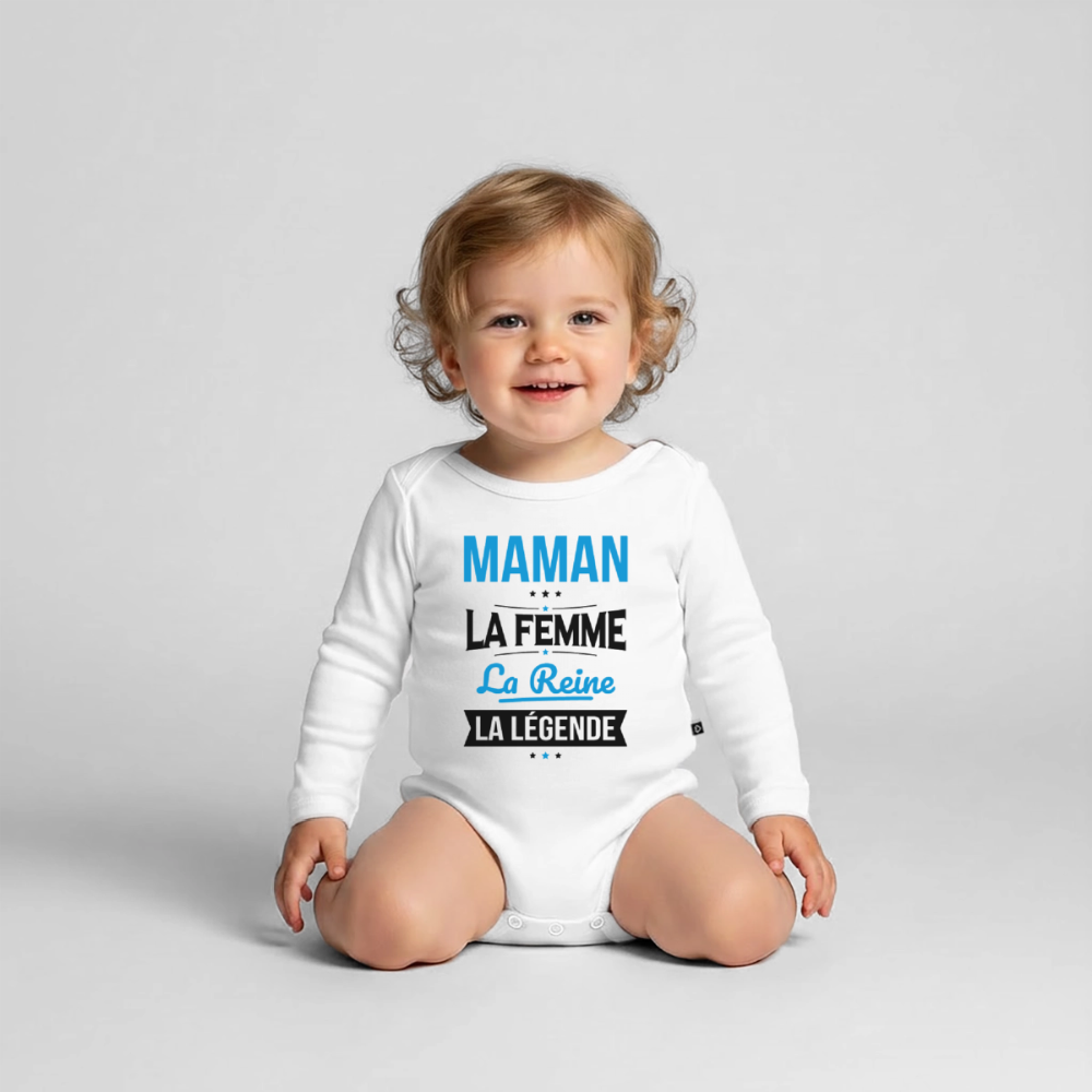 Body bébé bio manches longues coloris clair - Maman, femme, reine, légende - blanc