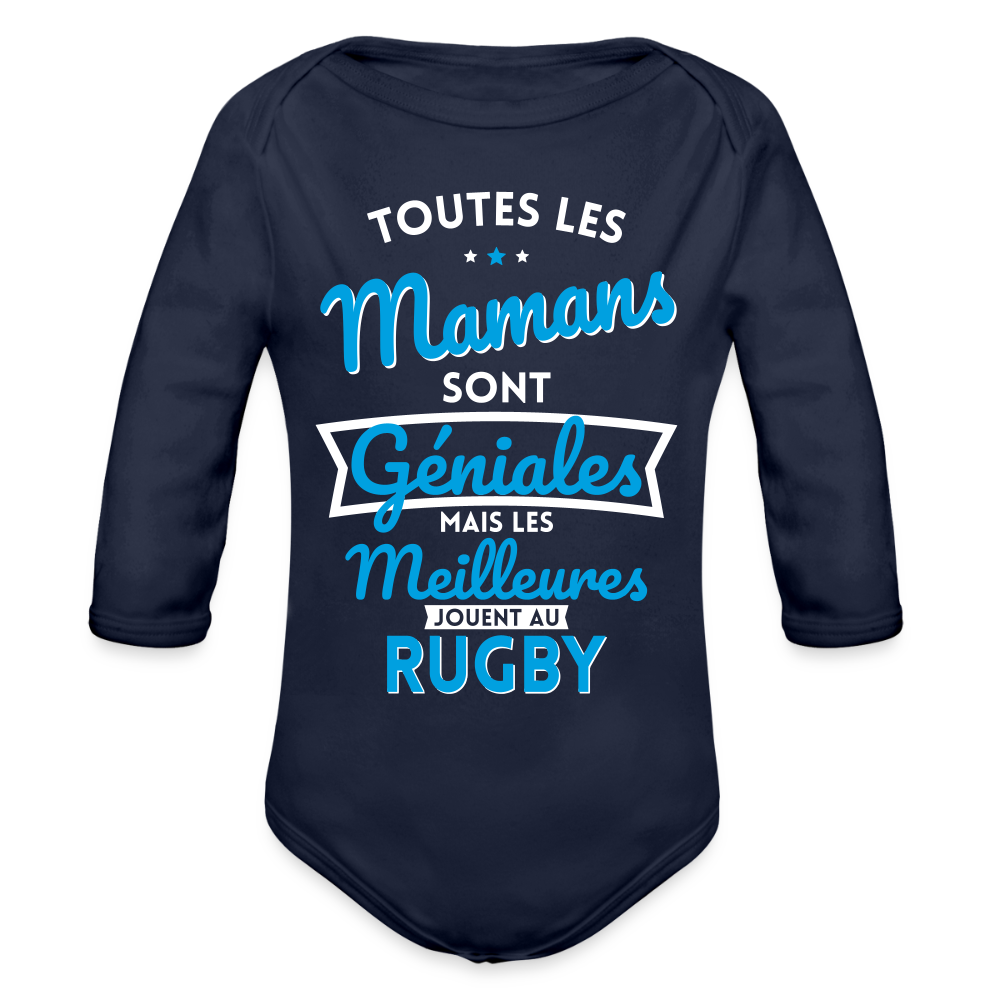 Body Bébé bio manches longues - Mamans géniales - Les meilleures jouent au rugby - marine foncé