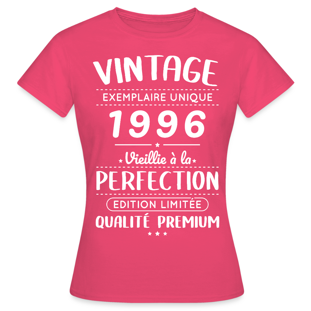 T-shirt anniversaire femme 30 ans – Vintage 1996 – Perfection - rose azalée