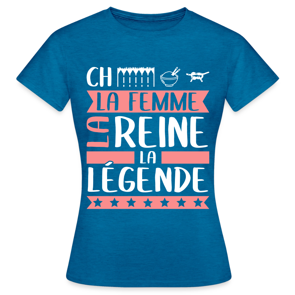 T-shirt femme Chérine rébus – La femme, la reine, la légende - bleu saphir antique chiné