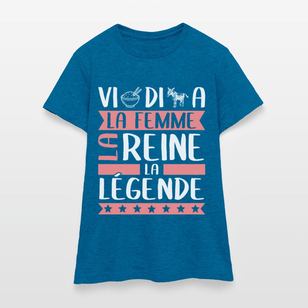 T-shirt femme Viridiana rébus – La femme, la reine, la légende - bleu saphir antique chiné