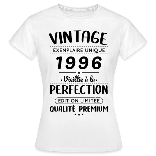 T-shirt anniversaire femme 30 ans coloris clair – Vintage 1996 – Perfection - blanc