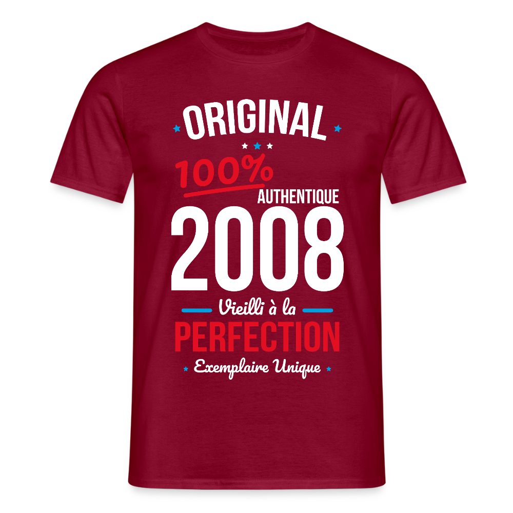 T-shirt anniversaire 18 ans Homme – Original 2008 Authentique - rouge brique