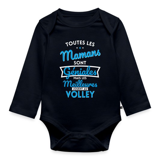 Body Bébé bio manches longues - Mamans géniales - Les meilleures jouent au volley - bleu marine