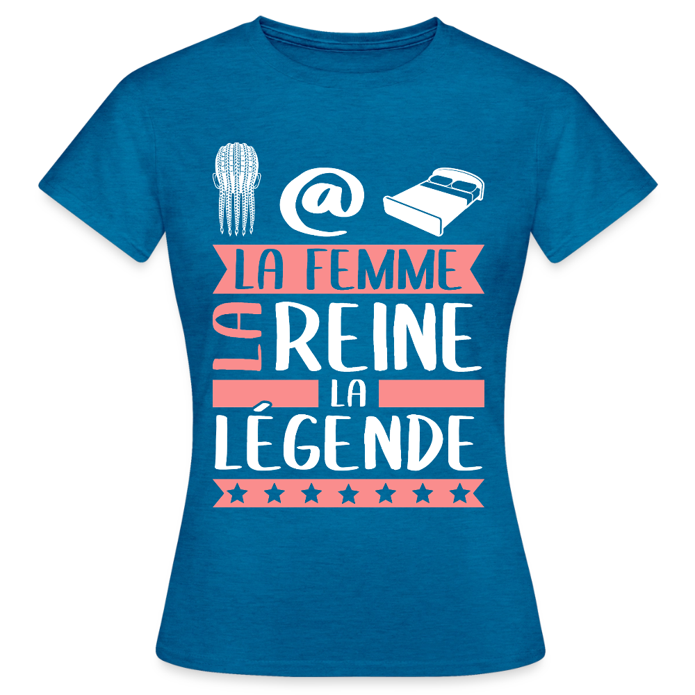 T-shirt femme Nathalie rébus – La femme, la reine, la légende - bleu saphir antique chiné