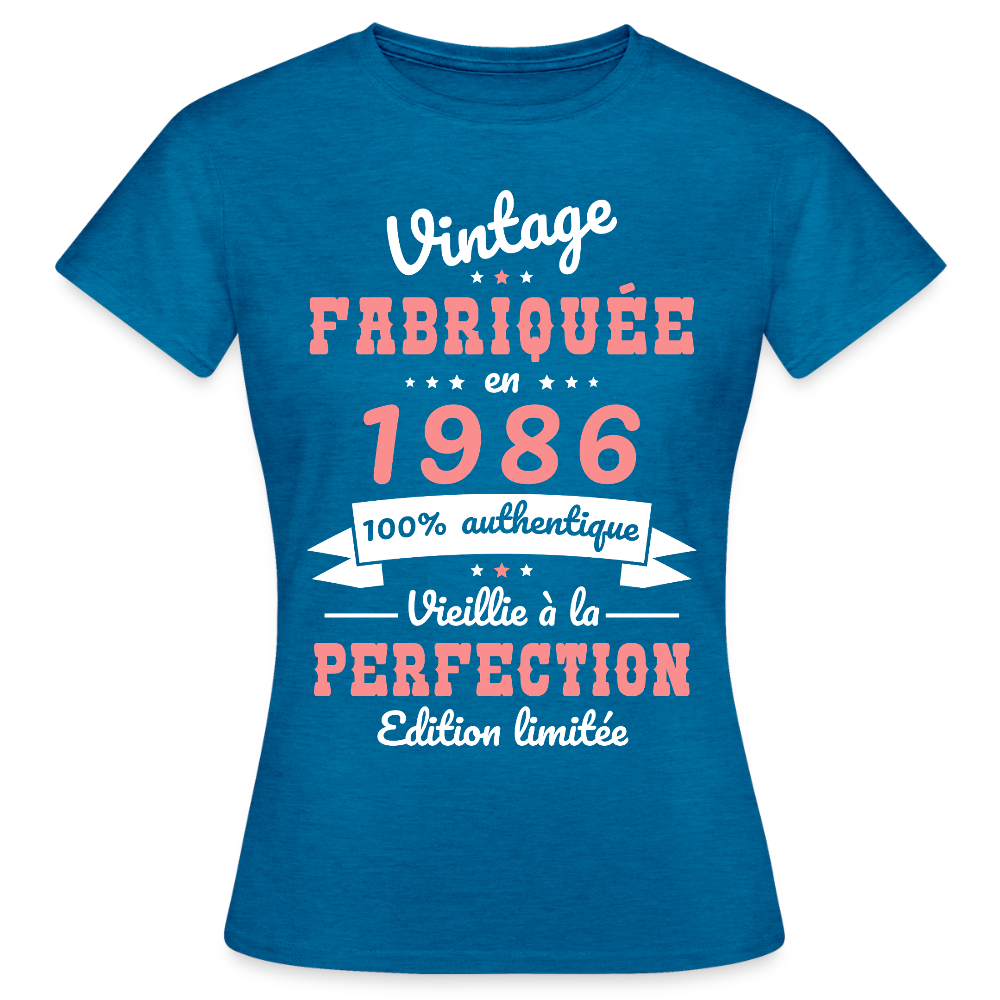T-shirt anniversaire femme 40 ans – Vintage 1986 - bleu saphir antique chiné