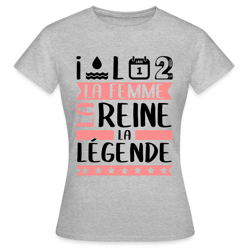T-shirt femme coloris clair Yolande en rébus – La femme, la reine, la légende - gris chiné