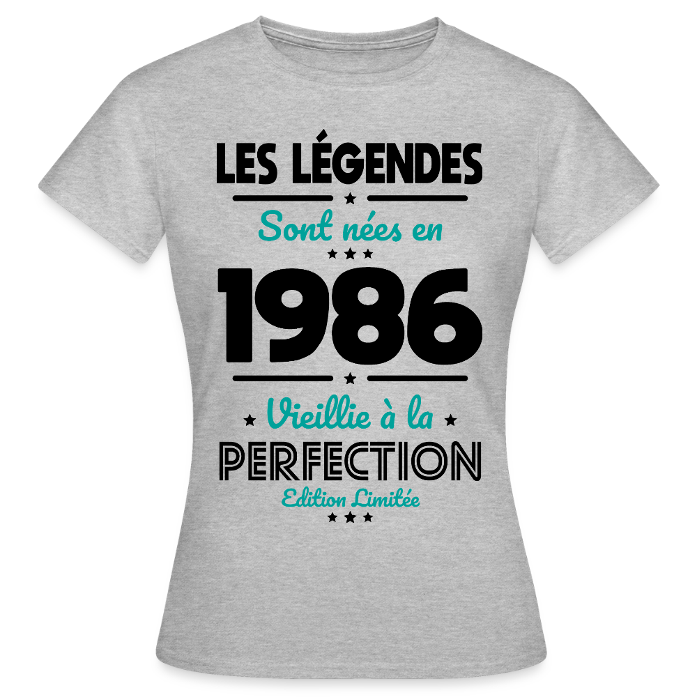 T-shirt anniversaire femme 40 ans couleur claire – Les légendes sont nées en 1986 - gris chiné