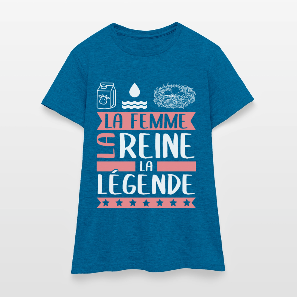T-shirt femme Léonie rébus – La femme, la reine, la légende - bleu saphir antique chiné