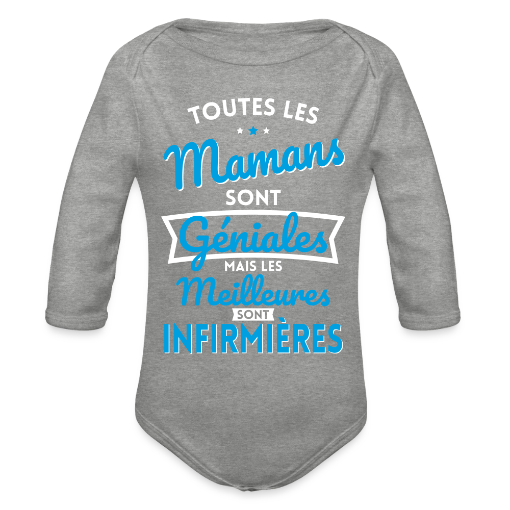 Body Bébé bio manches longues - Mamans géniales - Les meilleures sont infirmières - gris chiné