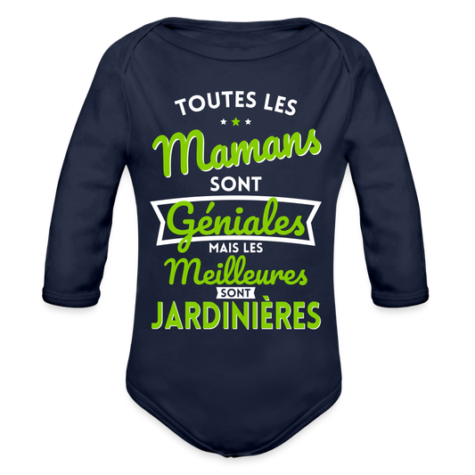 Body Bébé bio manches longues - Mamans  géniales - Les meilleures sont jardinières - marine foncé