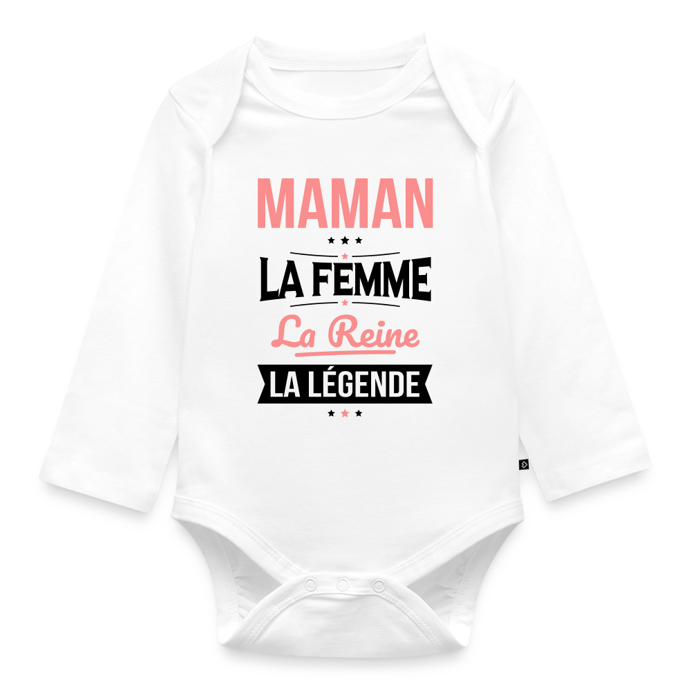 Body bébé bio manches longues coloris clair motif rose - Maman, femme, reine, légende - blanc