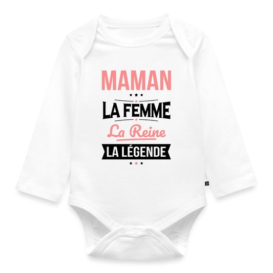 Body bébé bio manches longues coloris clair motif rose - Maman, femme, reine, légende - blanc