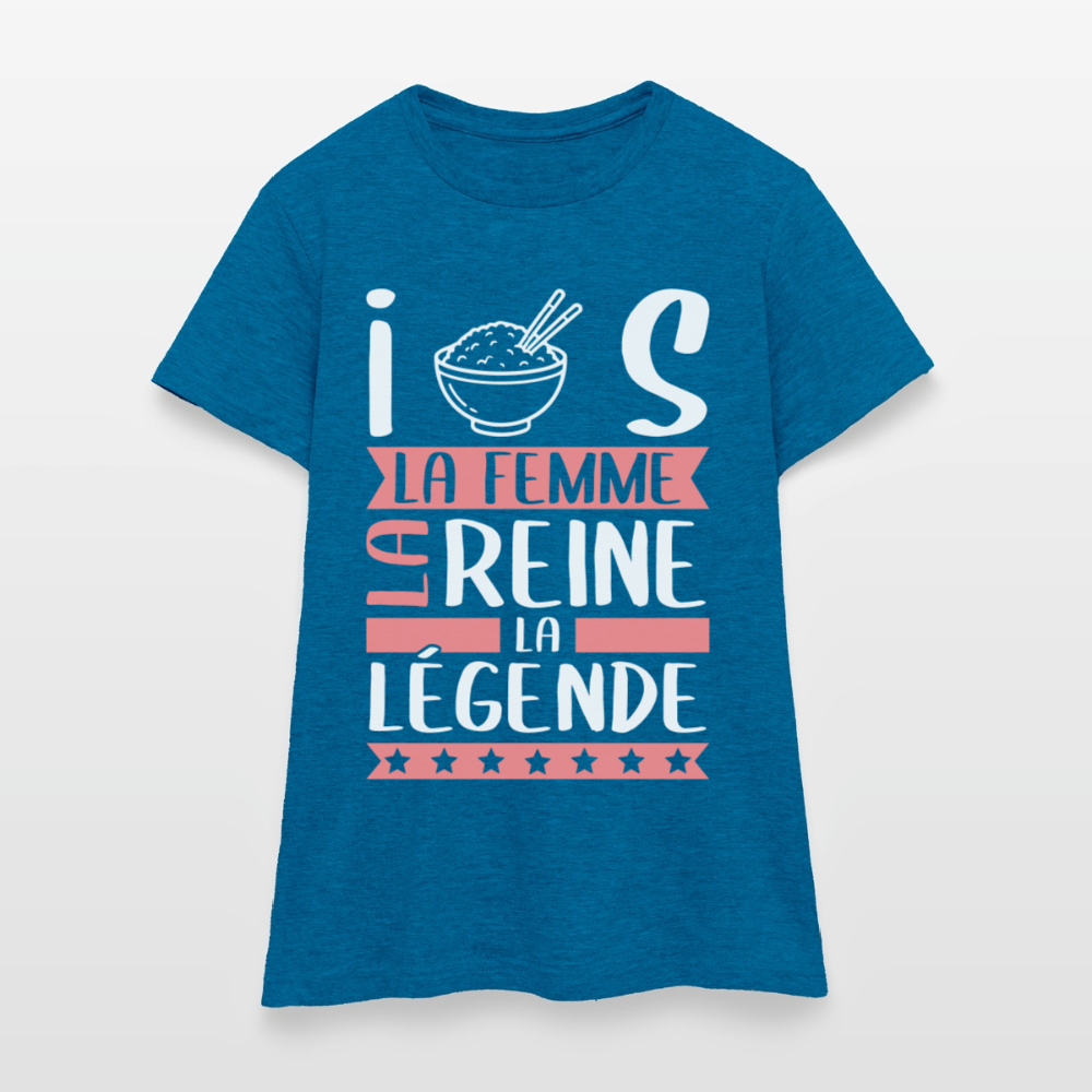 T-shirt femme Iris rébus – La femme, la reine, la légende - bleu saphir antique chiné