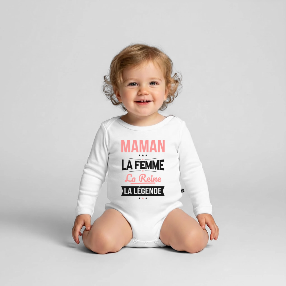 Body bébé bio manches longues coloris clair motif rose - Maman, femme, reine, légende - blanc