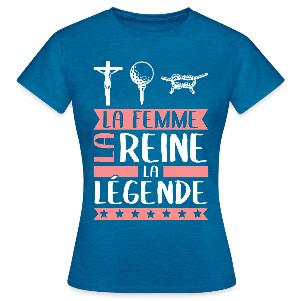 T-shirt femme Christine rébus – La femme, la reine, la légende - bleu saphir antique chiné