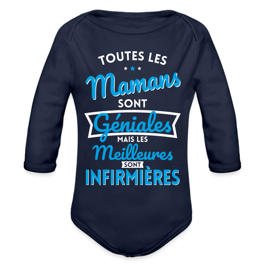 Body Bébé bio manches longues - Mamans géniales - Les meilleures sont infirmières - marine foncé