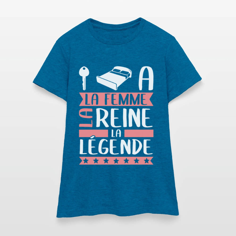 T-shirt femme Clélia rébus – La femme, la reine, la légende - bleu saphir antique chiné