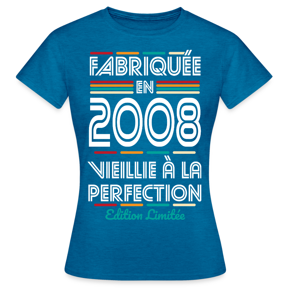 T-shirt anniversaire femme 18 ans – Fabriquée en 2008, Vieillie à la Perfection - bleu saphir antique chiné