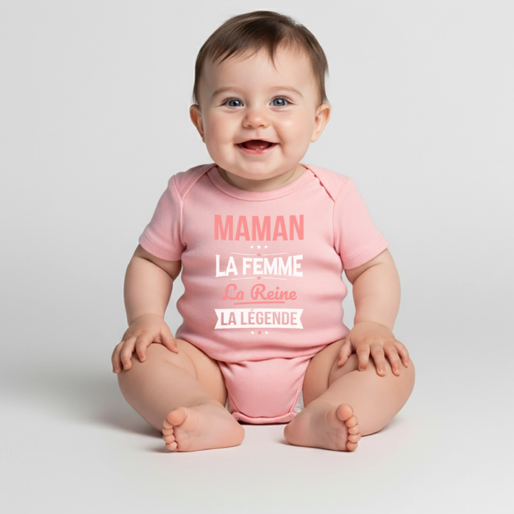 Body bébé bio manches courtes motif rose - Maman, femme, reine, légende - rose