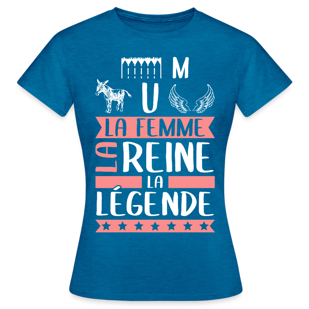 T-shirt femme Emmanuelle rébus – La femme, la reine, la légende - bleu saphir antique chiné