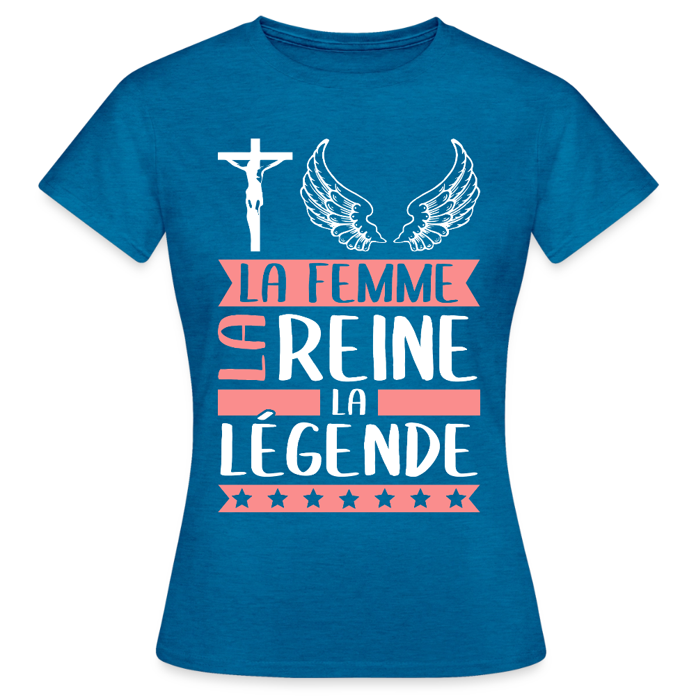 T-shirt femme Christelle rébus – La femme, la reine, la légende - bleu saphir antique chiné