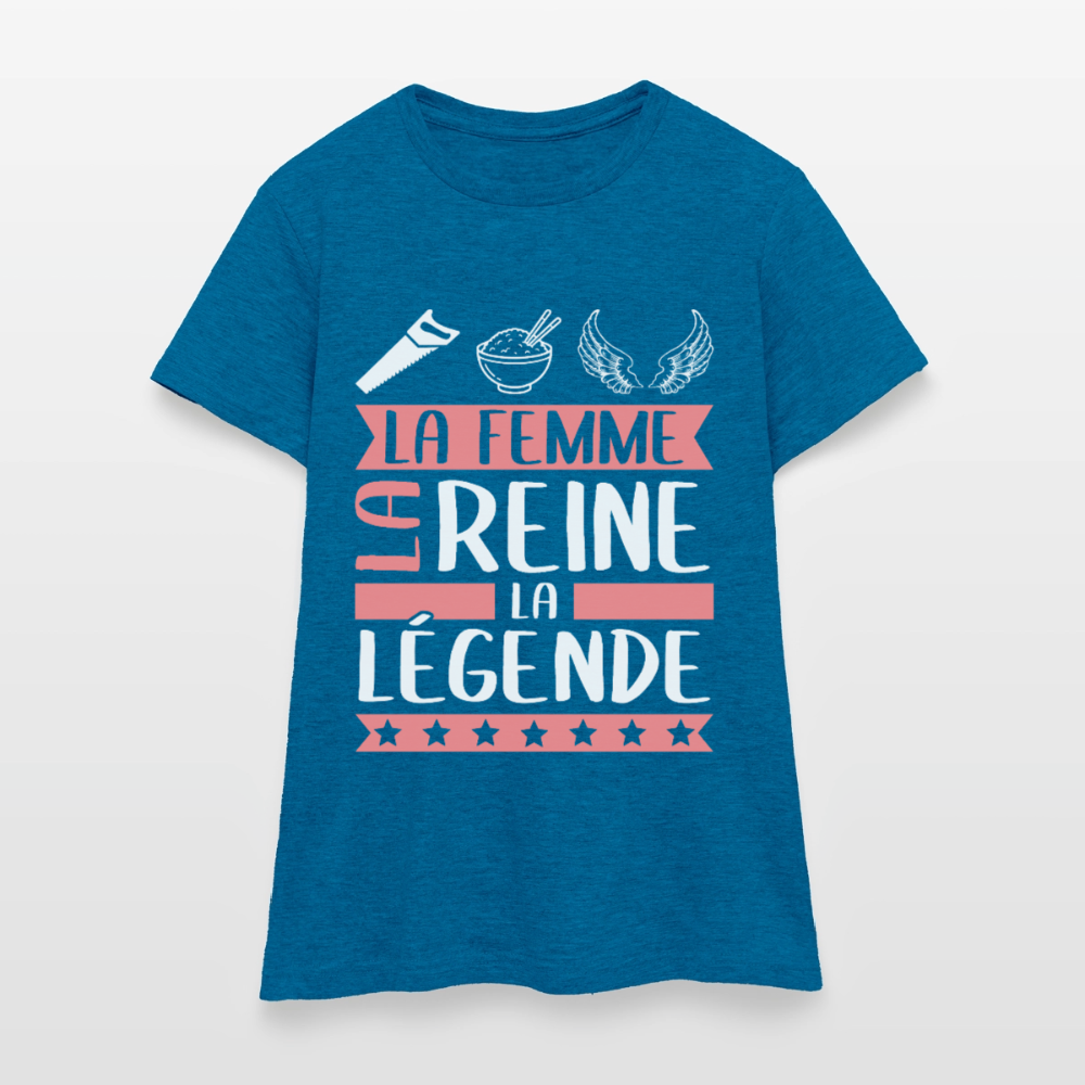 T-shirt femme Cyrielle rébus – La femme, la reine, la légende - bleu saphir antique chiné