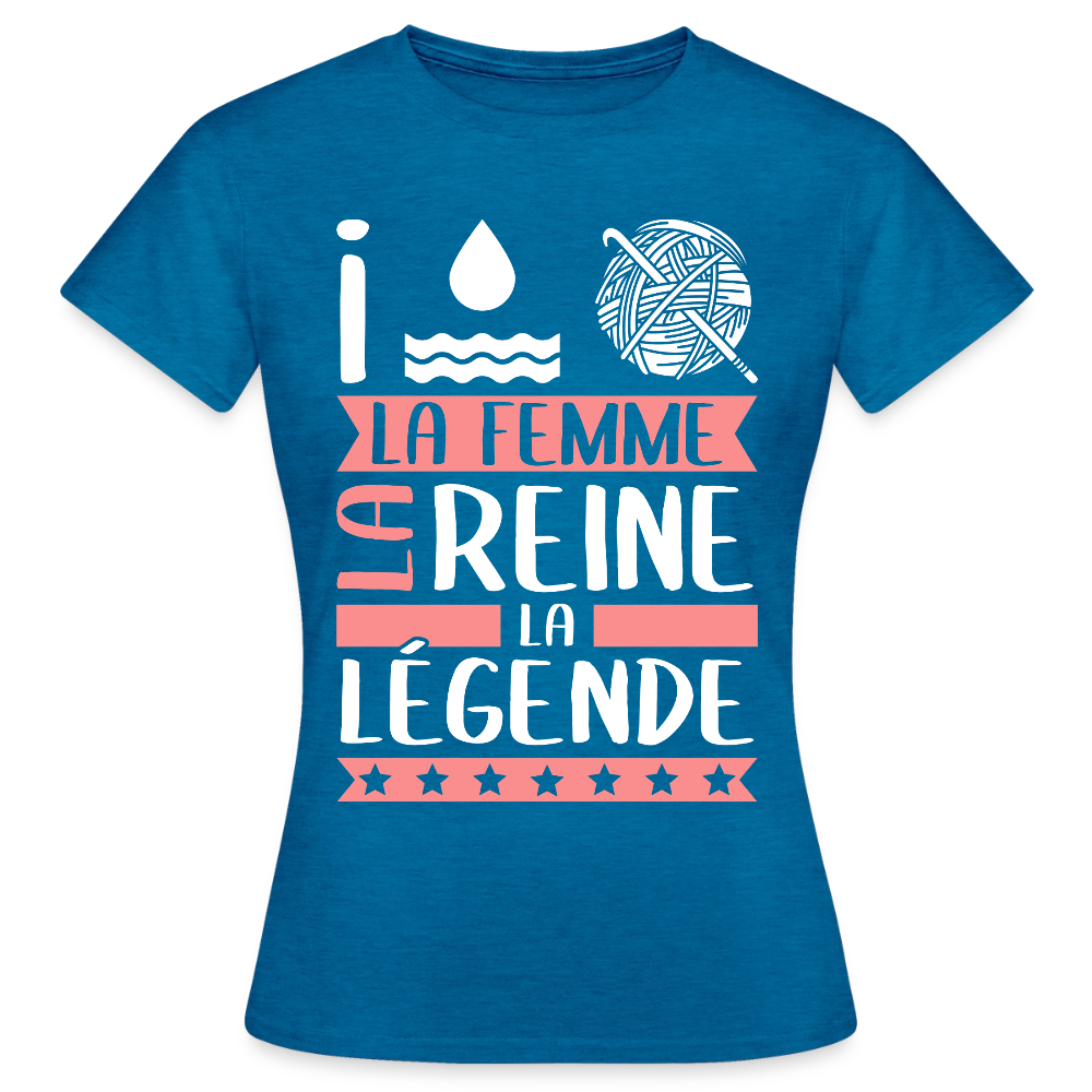 T-shirt femme Yolaine rébus – La femme, la reine, la légende - bleu saphir antique chiné