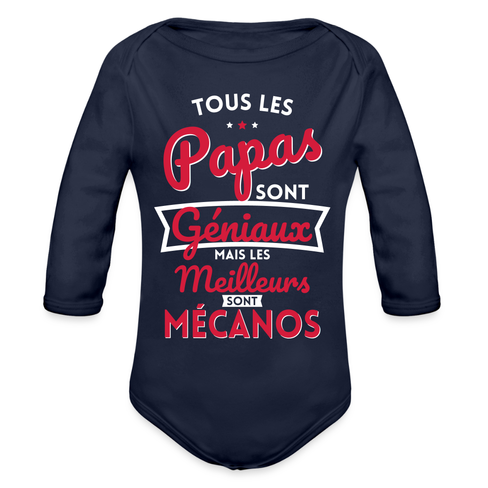 Body Bébé bio manches longues - Papas géniaux - Les meilleurs sont mécanos - marine foncé