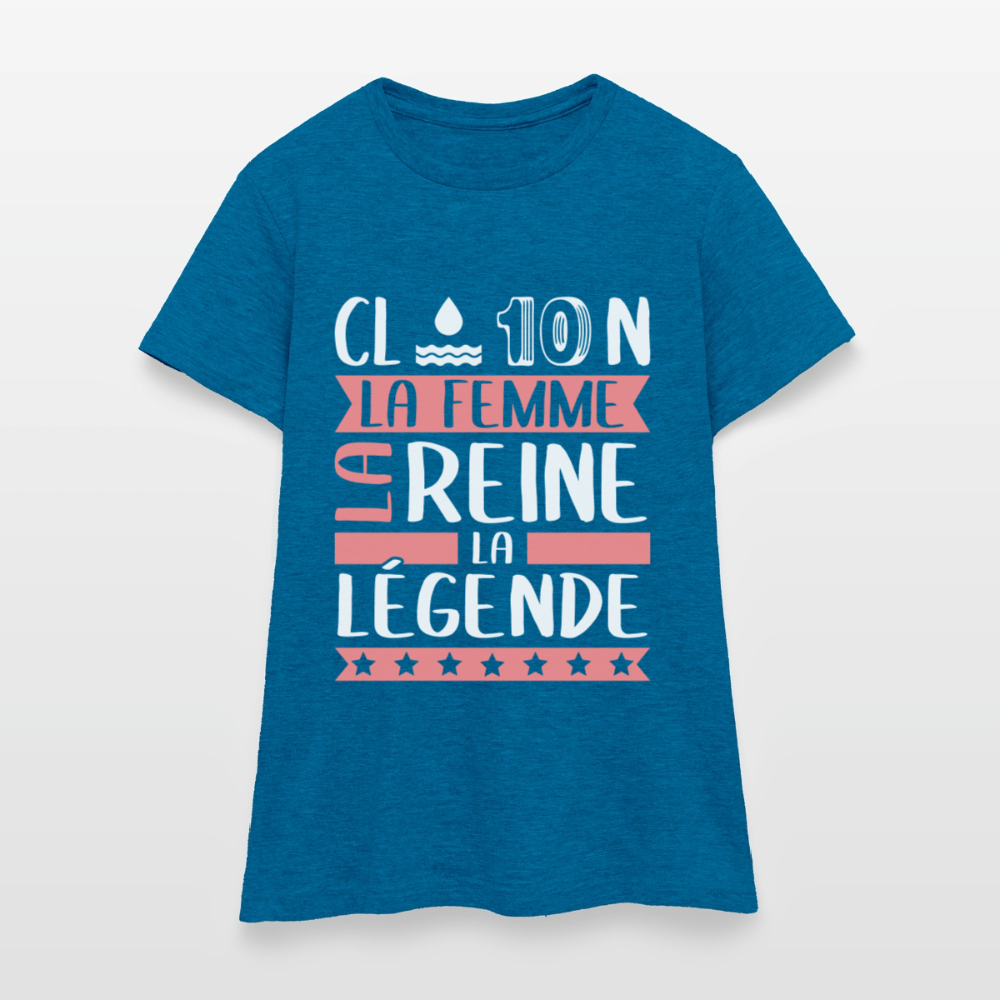 T-shirt femme Claudine rébus – La femme, la reine, la légende - bleu saphir antique chiné