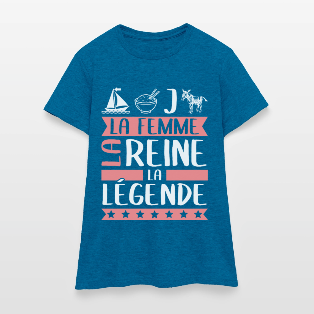 T-shirt femme Marie-Jeanne rébus – La femme, la reine, la légende - bleu saphir antique chiné