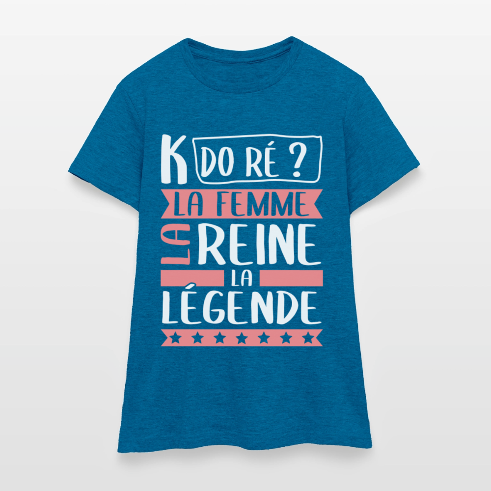 T-shirt femme Camille rébus – La femme, la reine, la légende - bleu saphir antique chiné