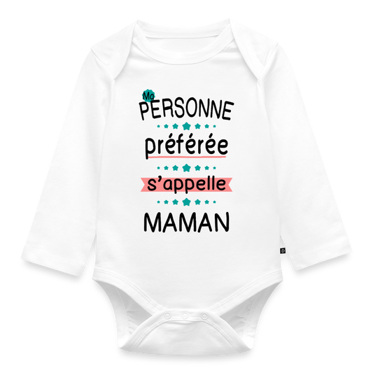 Body bébé bio manches longues coloris clair impression rose - Personne préférée Maman - blanc