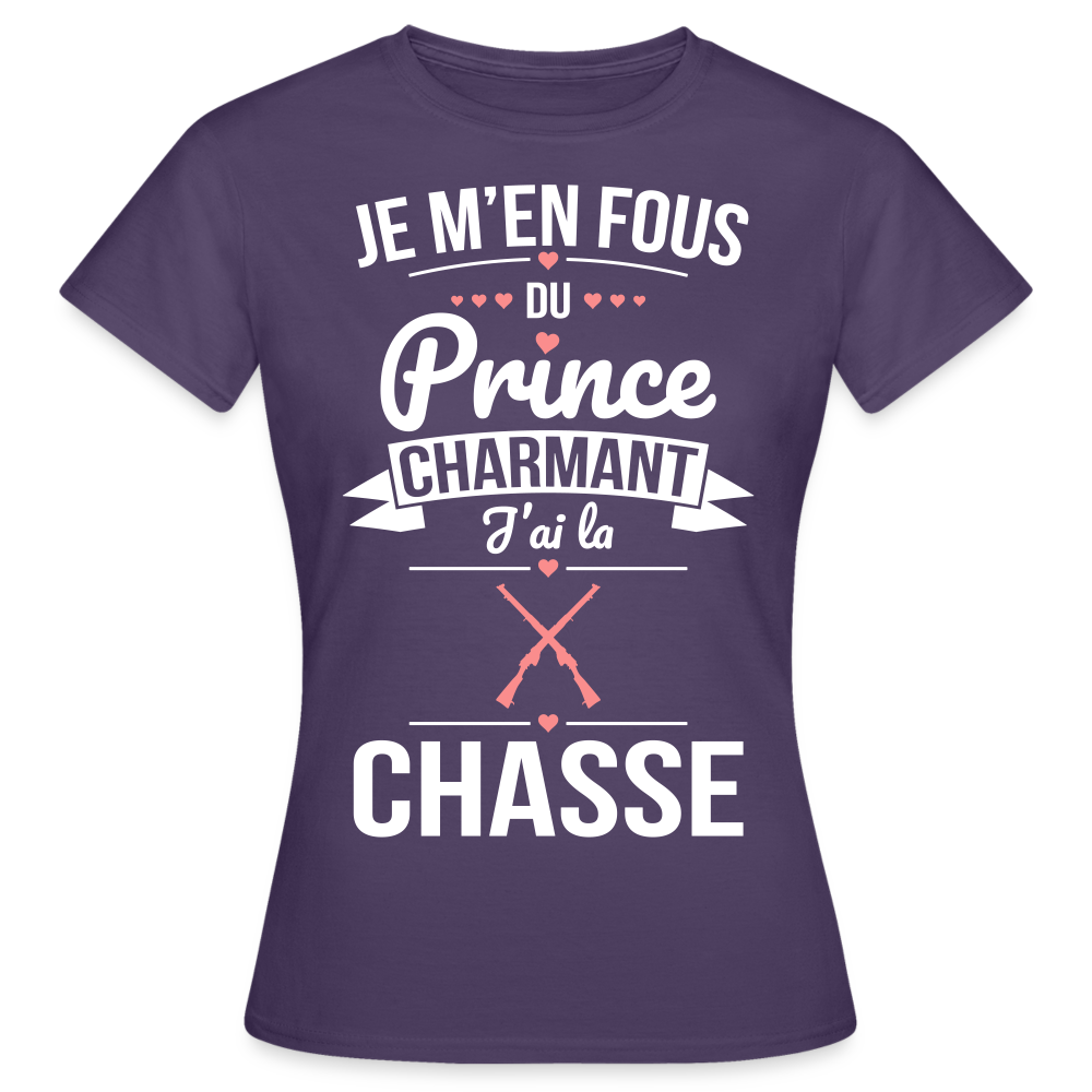 T-shirt Femme - Je m'en fous du prince charmant j'ai la chasse - violet foncé