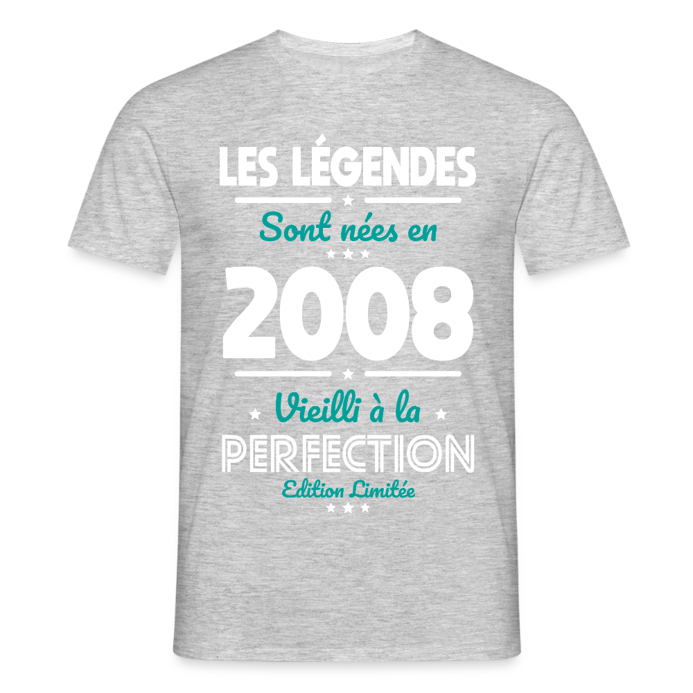 T-shirt anniversaire homme 18 ans – Les légendes sont nées en 2008 - gris chiné