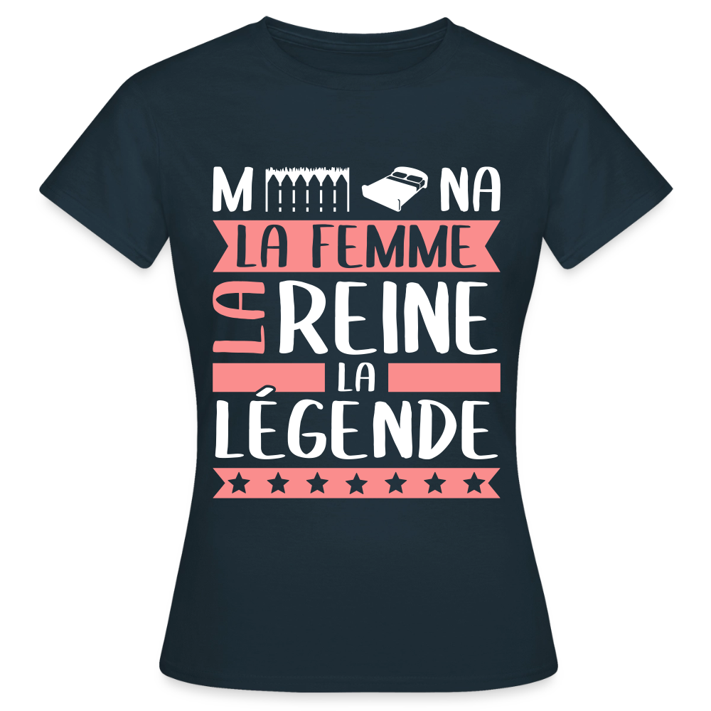 T-shirt femme Mélina rébus – La femme, la reine, la légende - marine