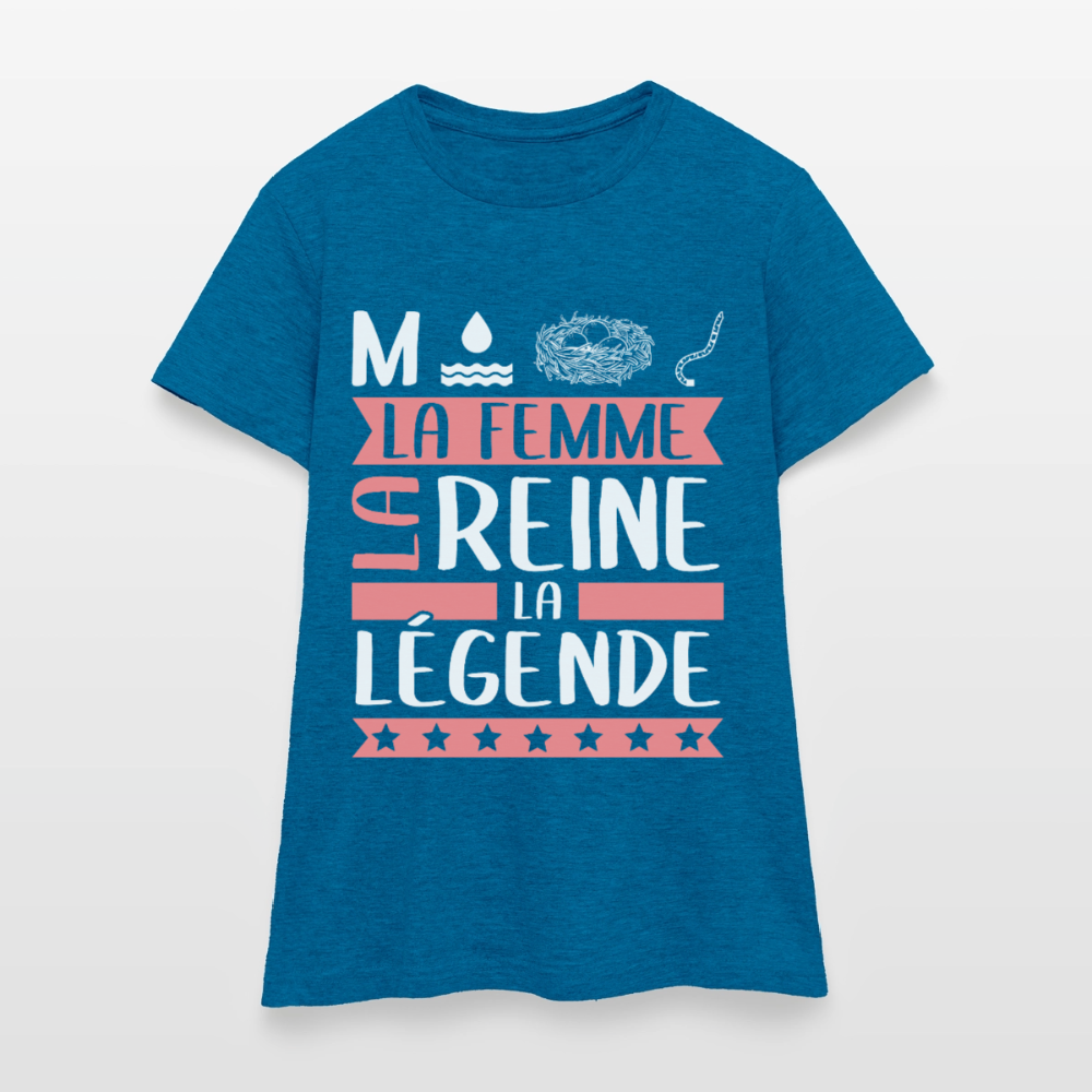 T-shirt femme Monique rébus – La femme, la reine, la légende - bleu saphir antique chiné