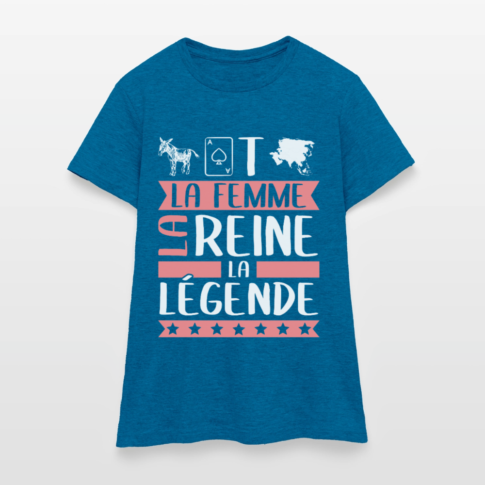 T-shirt femme Anastasie rébus – La femme, la reine, la légende - bleu saphir antique chiné