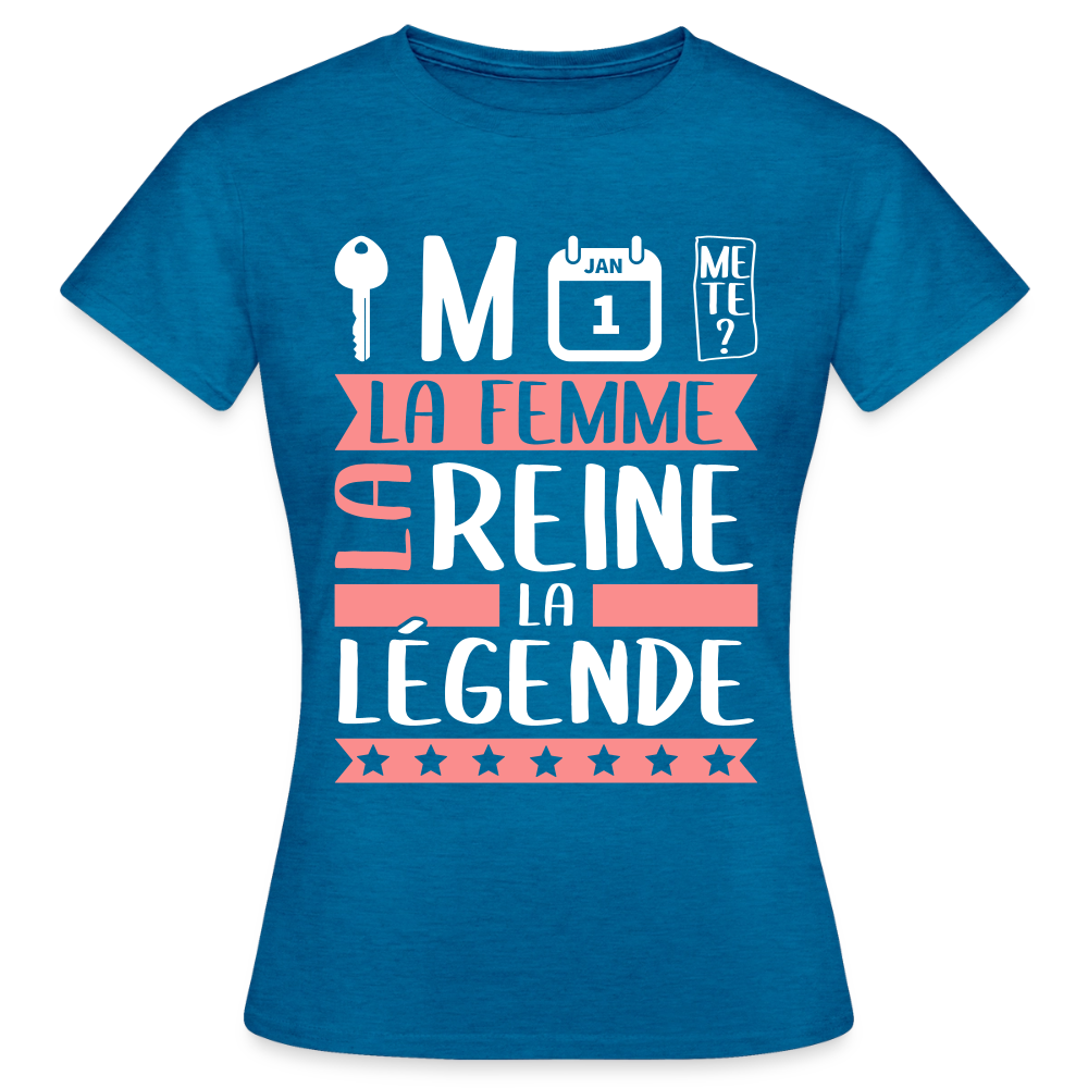 T-shirt femme Clémence rébus – La femme, la reine, la légende - bleu saphir antique chiné