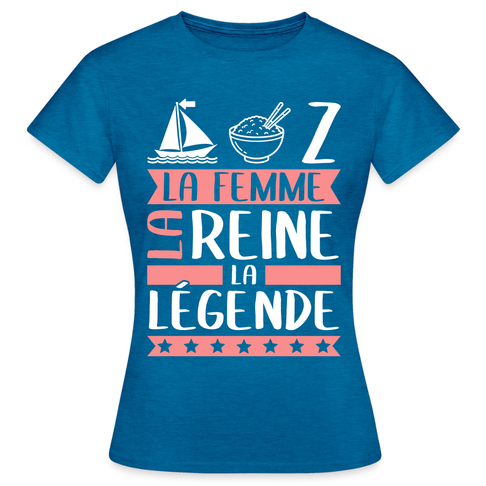 T-shirt femme Maryse rébus – La femme, la reine, la légende - bleu saphir antique chiné