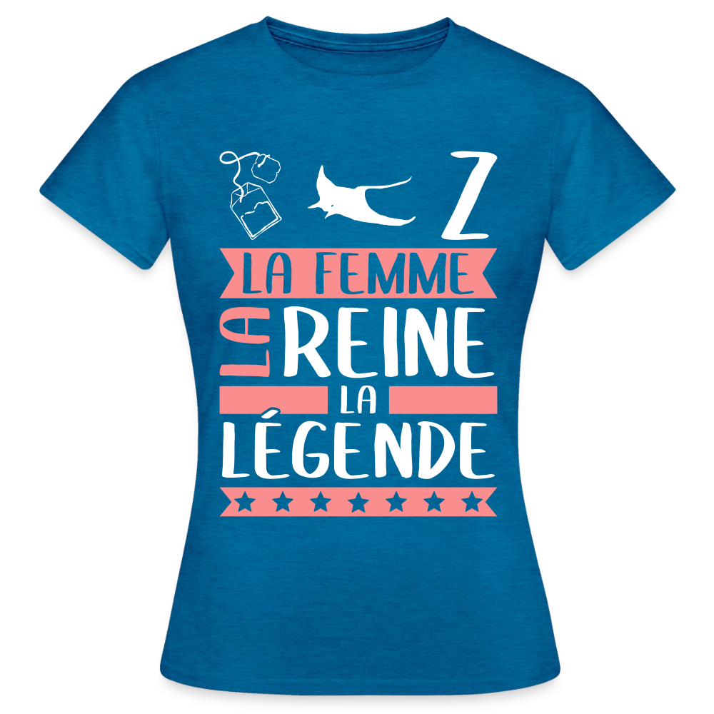 T-shirt femme Thérèse rébus – La femme, la reine, la légende - bleu saphir antique chiné